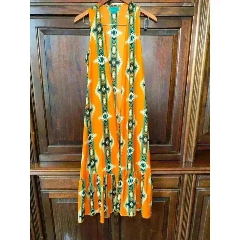 Turquoise Haven Long Rayon Kimono S/M Orange Teal Aztec / Western Wear Design - Picture 3 of 12